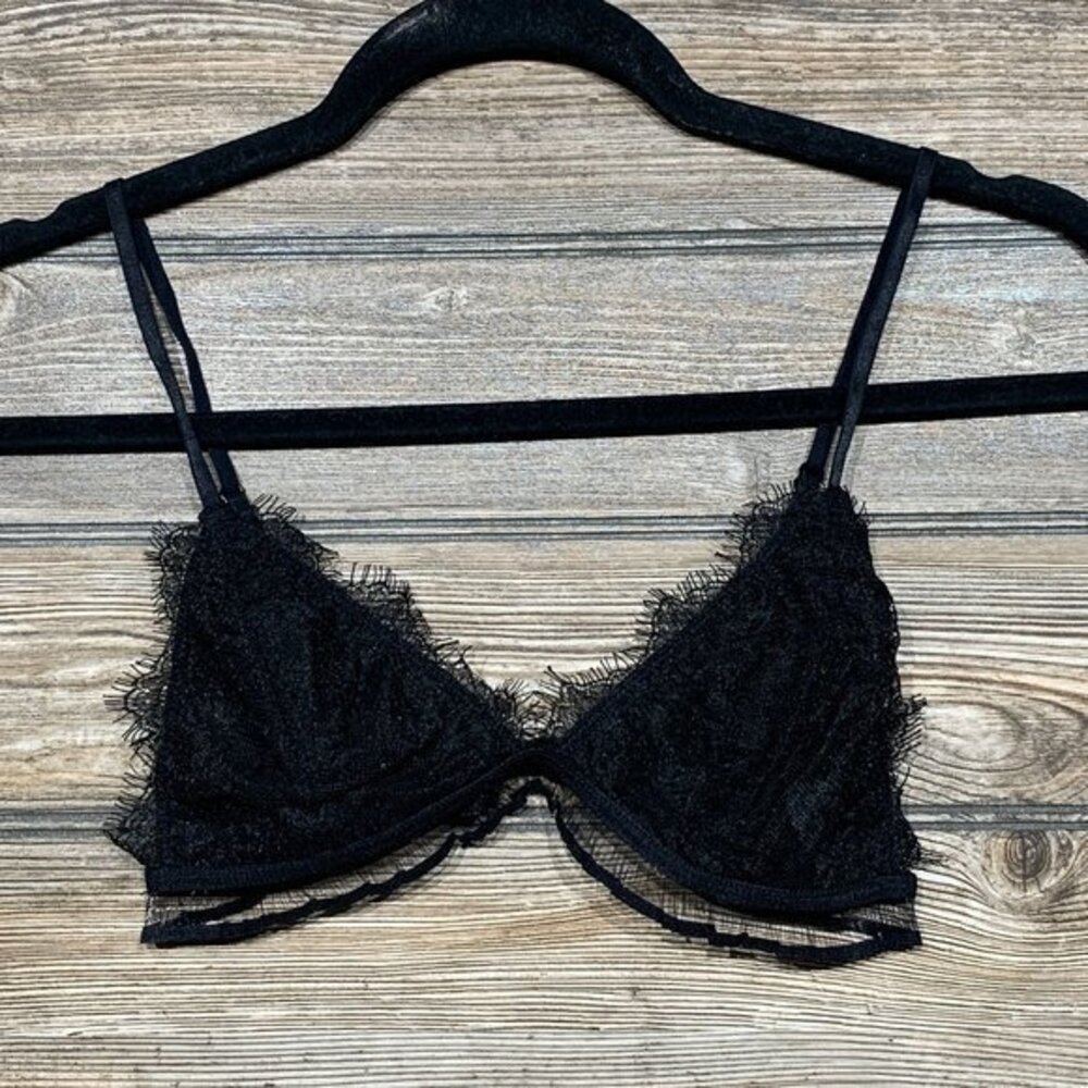FREELASS Black Lace Triangle Bralette Bra Sheer Unlined Adjustable Straps Size S